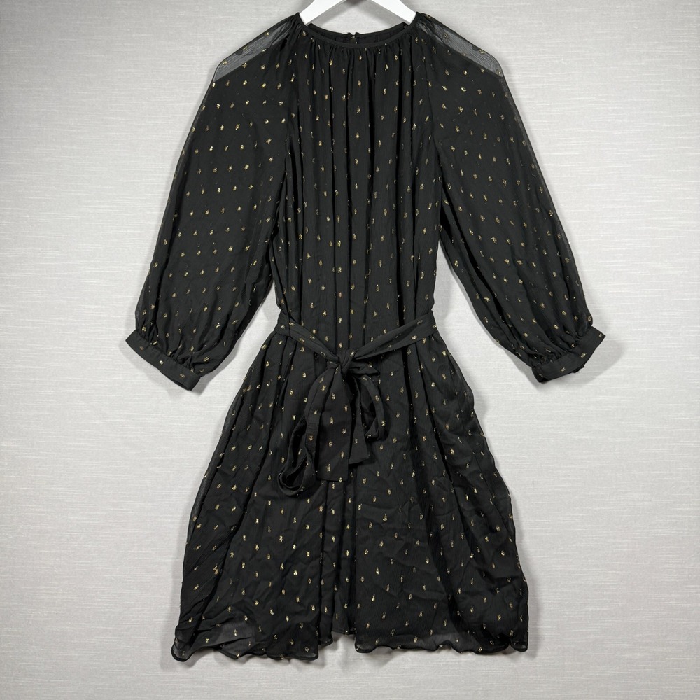 Ann Taylor Dress Womens M Black Midi Flowy Sheer Belt Whimsy Chic‎ Polka Dot